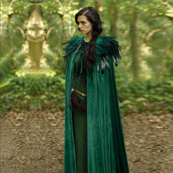 Women Feather Collar Velvet Cloak Vampire Cape Witch Queen Cosplay Costume - Picture 3 of 7